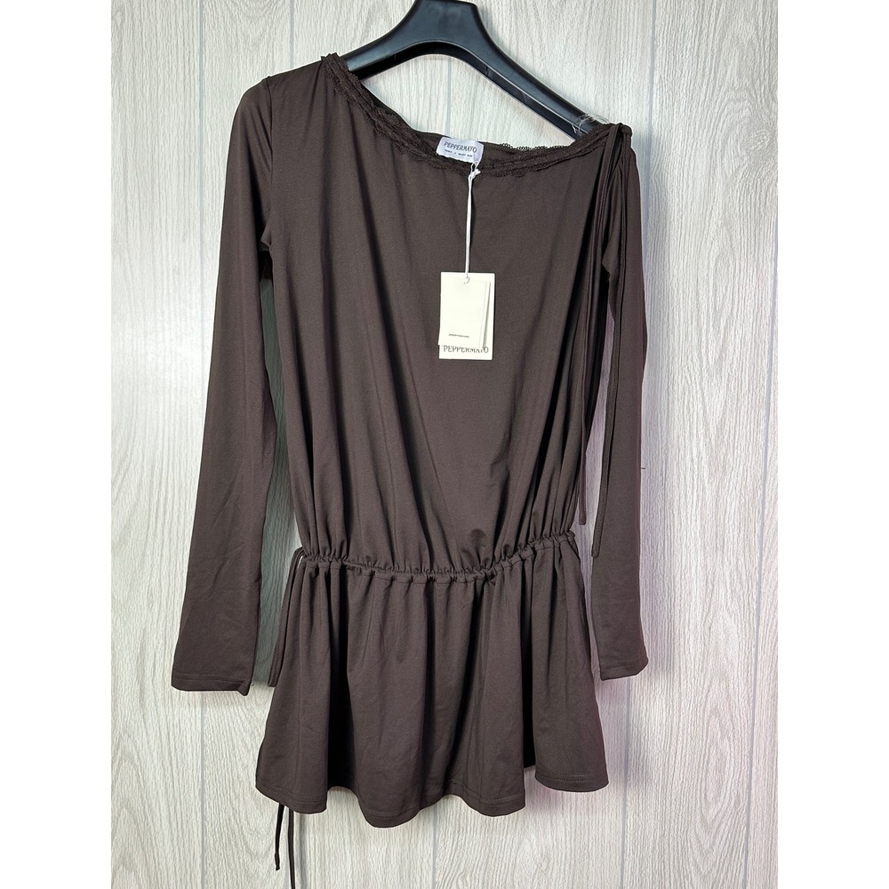 Peppermayo Zinnia Mini Dress Chocolate Brown Lace Trim Long Sleeve US 4 NEW - Picture 2 of 7
